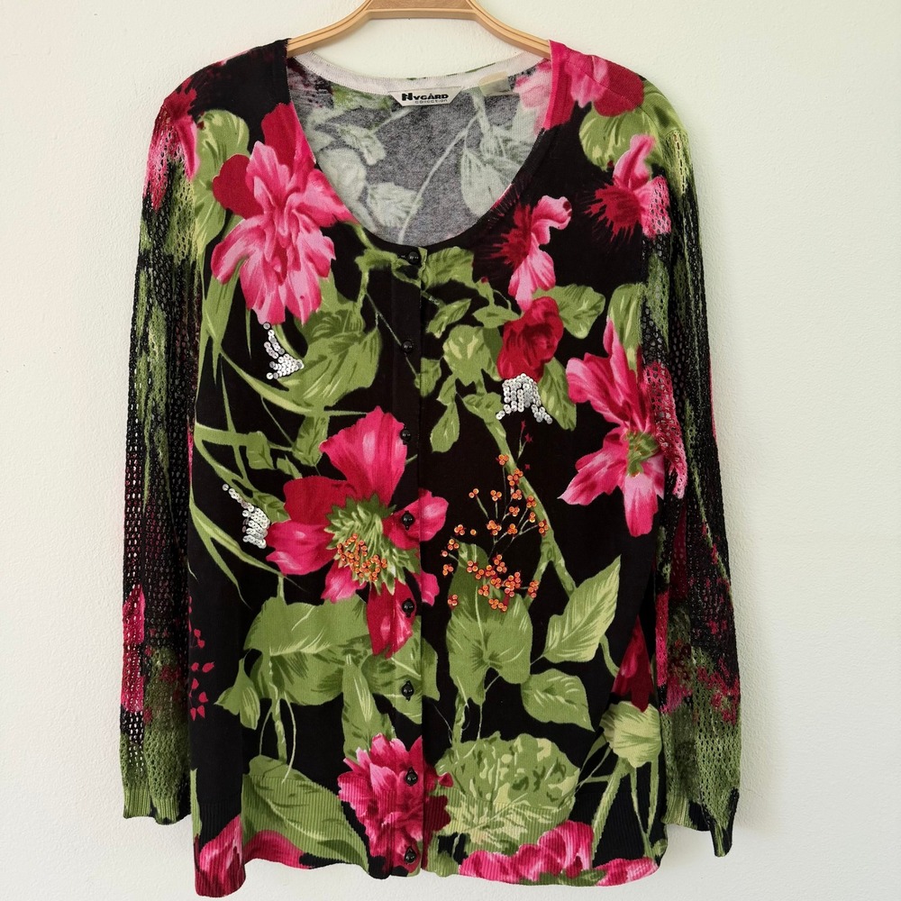 Nygard Collection Floral Cardigan Black Pink Green Sequin Crochet Sleeve Large